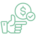 Outline of a hand making a finger gun gesture, with a dollar sign inside a circle and a check mark beside it, symbolizing easy or approved payment.