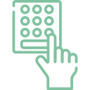 A green outline icon of a hand pressing a button on a numeric keypad or security access panel.