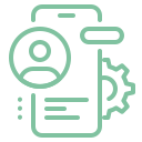 Green line icon of a smartphone with a user profile symbol overlapping the screen, a gear on the side, and two horizontal lines, suggesting user account settings or profile management.
